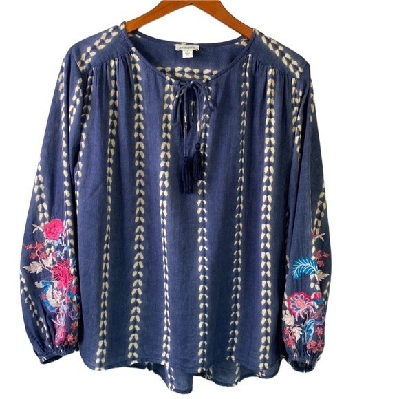 Sundance Joy In Beauty Floral Embroidery Tie Dye Print Tassel Tie Balloon Sleeve - Picture 1 of 16